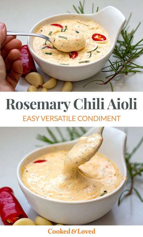 Rosemary Chili Garlic Aioli Recipe Easy Aoli Sauce, Rosemary Aioli, Canned Salmon Salad, Mediterranean Sauce, Chili Aioli, Chicken Salad Dressing, Tuna Melt Sandwich, Homemade Aioli, Aioli Sauce