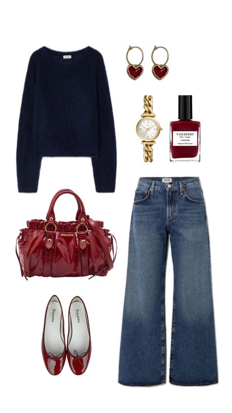 #outfit #navyblue #cherry #wine #cherryred #winered #red #miumiu #repetto Cherry Red Outfit, Navy Blue Outfit, Autumn Fits, Fall Fits, Hijabi Fashion, Blue Outfit, Red Outfit, Autumn Outfit, Cherry Red