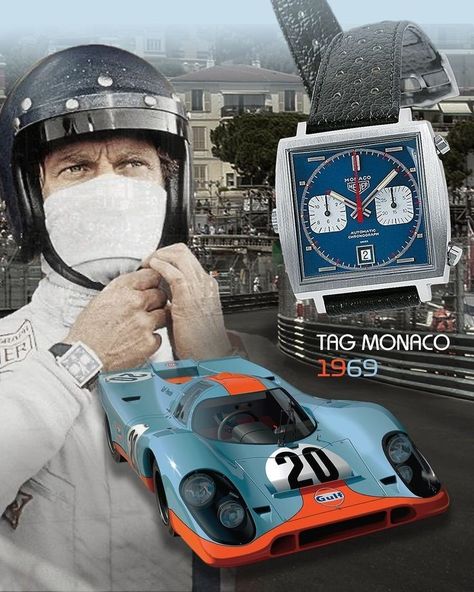 Steve Mcqueen Watch, Tag Monaco, Steve Mcqueen Bullitt, Porsche 917 Gulf, Steve Mcqueen Le Mans, Monster Garage, Steven Mcqueen, Porsche Poster, Decades Fashion