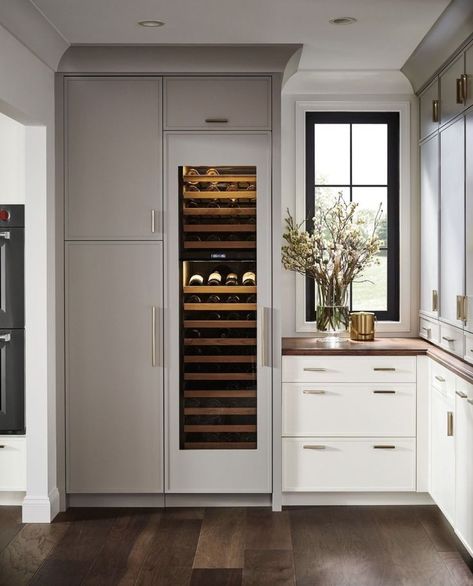 The wine lover's dream. @subzeroandwolf 24" built-in wine chiller. Offering 102 bottle capacity, storing reds and whites in separate temperature zones that keep wines at proper serving temperatures. A treat to have this appliance within your kitchen. ❤️ #winechiller #wine #winelover #wino #subzeroandwolf #pantrydesign #graycabinetry Wine Chiller Cabinet, Tall Wine Fridge, Fridge In Kitchen, Bar Lounge Room, Built In Wine Cooler, Malibu Home, Bathroom Cabinetry, Kitchen Fridges, Kitchen And Bath Design