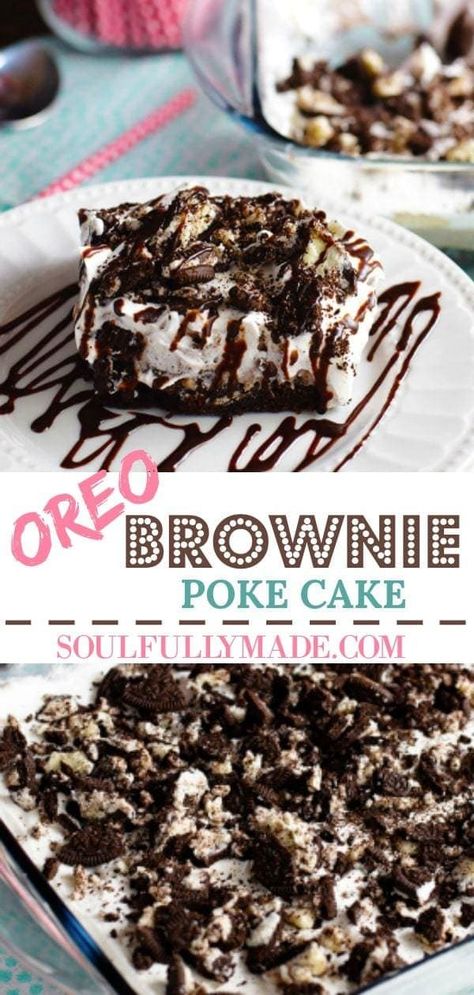 Cake like brownie layered with Oreo pudding and topped off with whipped topping and crushed Oreos drizzled with chocolate fudge are the makings of this most delicious Oreo Brownie Poke Cake dessert!  #OreoBrownie #BrowniePokeCake #OreoPuddingCake #OreoPokeCake Chocolate Polk Cake, Brownie Poke Cake, Polk Cake, Poke Brownies, Oreo Pudding Cake, Taco Thursday, Cake Like Brownies, Oreo Brownie, Lemon And Coconut Cake