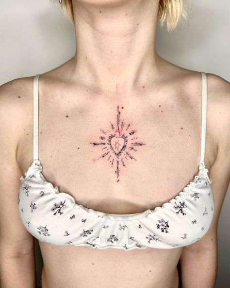 Sacred Heart Tattoo On Chest, Sacred Heart Chest Tattoo Female, Sacred Heart Sternum Tattoo, Sacred Heart Tattoo Chest, Pierced Heart Tattoo, Heart On Chest Tattoo, Sacred Heart Tattoo Women, Heart Star Tattoo, Immaculate Heart Tattoo