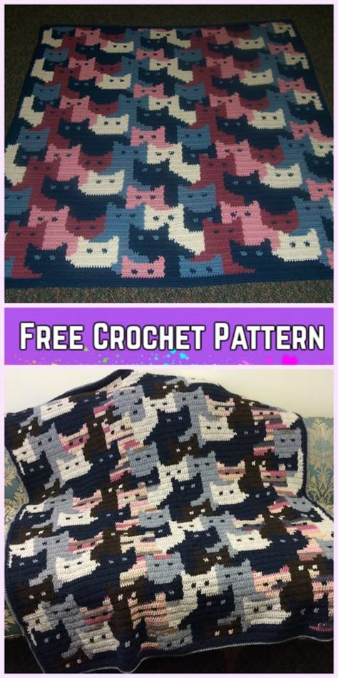 Crochet Cat Afghan Blanket Free Crochet Pattern Cats Afghan, Cat Afghan, Motifs Afghans, Kat Haken, Afghan Crochet Pattern, Confection Au Crochet, Crochet Cat Pattern, Crochet For Beginners Blanket, Easy Crochet Projects