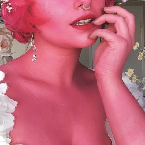 Unnatural Skin Color, Pink Skin Aesthetic Alien, Pink Skin Character, Pink Skin Aesthetic, Pink Tiefling Aesthetic, Pink Tiefling Female, Spring Eladrin, Tadc Oc, Persephone Costume