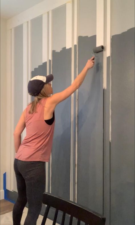 Melissa Tyler painting the DIY accent wall. Small Accent Walls, Dinning Room Accent Walls Diy, Easy Diy Accent Wall Ideas, Taped Painted Walls Patterns, Two Tone Dining Room Walls, Bar Accent Wall, Home Office Accent Wall, Diy Accent Wall Paint, Kitchen Accent Wall Ideas