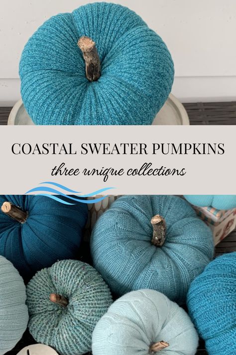 Seven stuffed sweater pumpkins in navy, medium blue, blue blends and grays with real wood stems. Beach Pumpkins, Coastal Sweater, Home Lake House, Blue Harvest, Sweater Pumpkins, Scrap Quilts, Color Collection, Autumn Home, Fall Home Decor