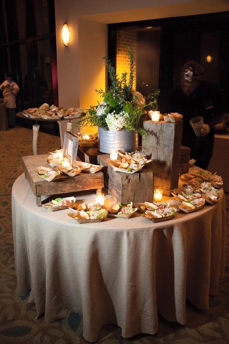 Table Risers Diy Ideas Wedding, Round Table Food Display, Buffet Table Decor Ideas Food Displays, Food Risers Display Diy, Execution Photos, Buffet Risers Food Displays, Galvanized Buckets Wedding, Food Risers, Buffet Risers