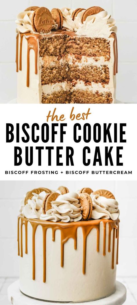 Whip up an easy recipe for a perfect birthday celebration with this Lotus Biscoff Cake, featuring a vanilla cookie butter layer and filled with decadent Biscoff frosting. Covered and artistically decorated with a silky cookie butter Swiss buttercream, it's a Biscoff lover's dream come true. Make your special day unforgettable with the rich, spiced flavors of this indulgent Biscoff cookie butter cake. Cake With Cookie Layer, Tasty Cakes Recipes, Best Biscoff Cake Recipe, Cookie Lover Cake, Vanilla Biscoff Cake, Biscoff Cookie Cake Recipe, Birthday Cakes With Buttercream, Cookie Butter Birthday Cake, Cakes For Work