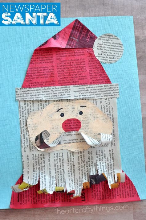 This adorable newspaper Santa Claus craft makes a great Christmas kids craft, Santa kids craft, newspaper kids craft and mixed media art project for kids. Santa Kids Crafts, Santa Claus Craft, Santa Claus Crafts, Christmas Art Projects, Santa Crafts, Christmas Arts And Crafts, Saint Nicolas, Christmas School, Preschool Christmas