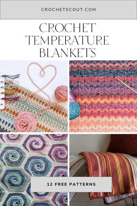 A collection of crochet temperature blanket patterns. Mood Blanket Crochet Ideas, High Low Temperature Blanket, Weather Crochet Blanket, Crochet Weather Blankets, Crochet Temperature Projects, Weather Blanket Crochet, Crochet Temperature Blanket Ideas, Tempature Blanket Crochet, Tempature Blanket Crochet Pattern