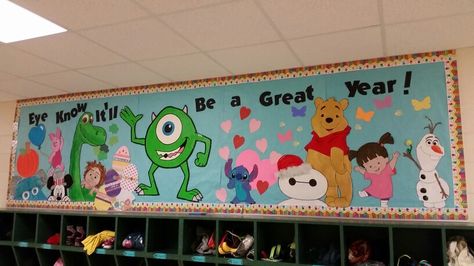 My Disney Board Disney Summer Bulletin Boards, Bluey Themed Bulletin Board, Monster Inc Bulletin Board, Disney Theme Bulletin Board Ideas, Disney Back To School Bulletin Boards, Disney Inspired Classroom, Disney Theme Classroom Ideas, Monsters Inc Bulletin Board, Disney School Theme