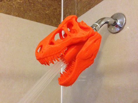 3D print a T-Rex shower head! Download the files and instructions free from Thingiverse. Design by JMSchwartz11 3d Tiskárna, House Uk, Drukarka 3d, Project House, 3d Printer Designs, 3d Printing Diy, 3d Cnc, 3d Printer Projects, 3d Printing Projects