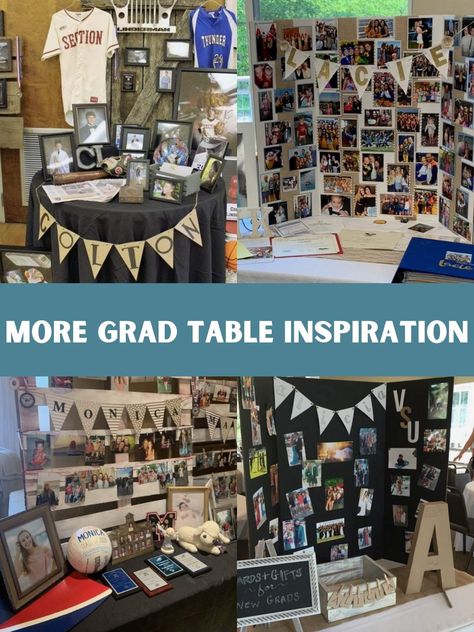 Senior Table Display Ideas, Graduation Senior Table Ideas, Sports Table Grad Party, Baccalaureate Table Ideas, Graduation Photo Display Memory Boards, Graduation Reception Table Ideas, Graduation Table Display Ideas, High School Senior Table Display, Graduation Senior Table