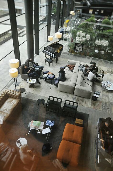 The Conservatorium Hotel, Amsterdam, NL. Industrial Hotel Lobby Design, Rustic Hotel Lobby, High Ceiling Hotel Lobby, Hotel Lobby Double Height, Caffe Design, Hotel Amsterdam Centre, Hotel Amsterdam, Hotel Lobby Design, Lobby Interior Design