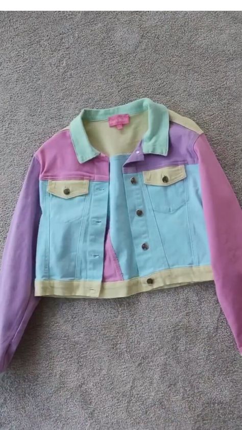 Color Block Jean, Colour Clothes, Pastel Jeans, Pastel Jacket, Colorful Jacket, Upcycle Ideas, Color Block Tee, Color Block Jacket, Aesthetic Inspiration