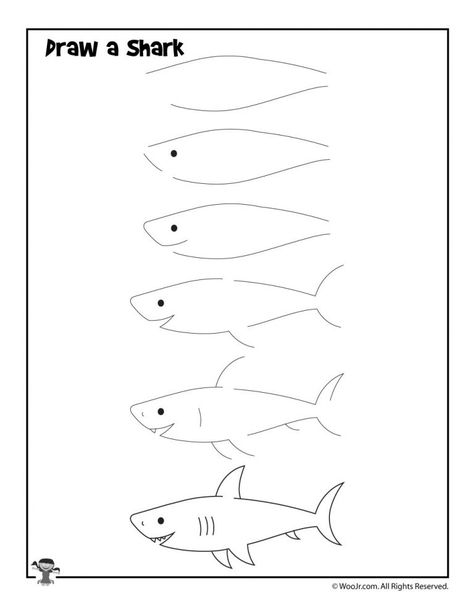 How to Draw for Kids: 12 Ocean Animals to Draw, Step by Step | Woo! Jr. Kids Activities How To Draw A Shark Easy, Simple Shark Drawing, Shark Doodle, Draw A Shark, Learning To Draw For Kids, Trin For Trin Tegning, Draw For Kids, Shark Pictures, Shark Drawing