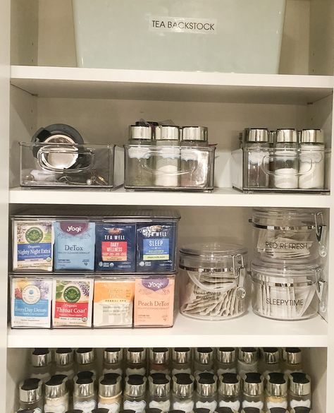 Tea Storage Solutions | Boxes and packaging for tea packets can make it hard to quickly find what you want. Not to mention the boxes aren't specially efficient. Shop Like to Know it for my favorite containers in this spice and tea cupboard in my kitchen! And follow for more @reset_your_nest inspiration! #professionalorganizer #homeorganizer | ResetYourNest.com Tea Coffee Cupboard, Tea And Coffee Cupboard, Coffee And Tea Cabinet Organization, Coffee And Tea Storage, Tea Pantry Organization, Spice Packet Organization, Tea Coffee Organization, Loose Leaf Tea Storage Organizing, Coffee Tea Organization