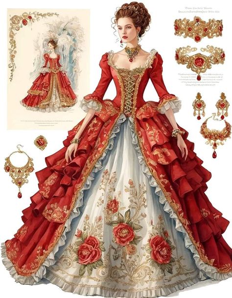 Portuguese Dress Traditional, Red Colonial Dress, 1700s Royal Fashion, Victorian Era Dresses Drawing, Rennaisance Outfits Dress To Impress, 1870s Dress Ball Gowns, 1800s Dresses Victorian Gowns, Victorian Royal Dress, Spanish Traditional Clothing