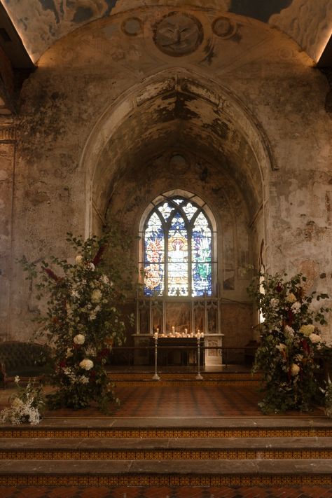 A stylish wedding at Bristol Wedding venue, The Mount Without. The Mount Without is a spectacular old church, recently renovated as a wedding and events space, in the heart of Bristol. Celebrant led ceremony by Tara the celebrant, and organic, wild florals by Tulips and Cactus. Church wedding venue. LGBTQ+ wedding at The Mount Without. Two brides getting married in wedding ceremomy. Bride wearing long sleeve dress with veil, low back wedding dress. Bride wearing pleated jumpsuit. LGBTQ+ wedding outfit ideas. Editorial fairytale gothic romance wedding in converted church. Editorial wedding photography by London Wedding Photographer Esme Whiteside Photography. WLW wedding photographer Esme Whiteside Candlelit Chapel Wedding, Abandoned Wedding Venues, Wedding Venues Vintage, Gothic Architecture Wedding, Old Wedding Venues, Estate Wedding Ceremony, Old Cathedral Wedding, Gothic Chapel Wedding, Vintage Wedding Venue Aesthetic