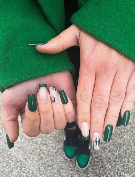 Green Nails French, Nail Designs Green, Nails Neon Green, Forest Green Nails, Different Color Nails, Nails Neon, Emerald Nails, Neon Green Nails, No Chip Nails