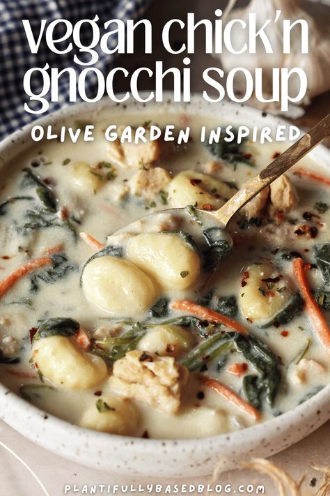 Vegan Chick'n Gnocchi Soup Recipe (Olive Garden Inspired) - Plantifully Based Olive Garden Gnocchi, Vegan Gnocchi Soup, Olive Garden Gnocchi Soup, Peanut Butter Ramen, Vegan Gnocchi, Olive Garden Soups, Cheesy Cauliflower Soup, Tortellini In Brodo, Gnocchi Recipes Soup