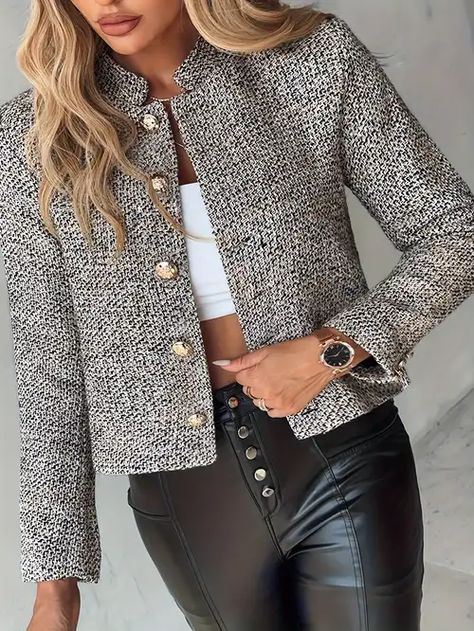 40 Yr Old Women Fashion, Elegant Jacket, Ladies Blazer, Crochet Lace Top, Wind Jacket, Tweed Coat, Casual Vest, Tweed Fabric, Long Sleeves Jacket