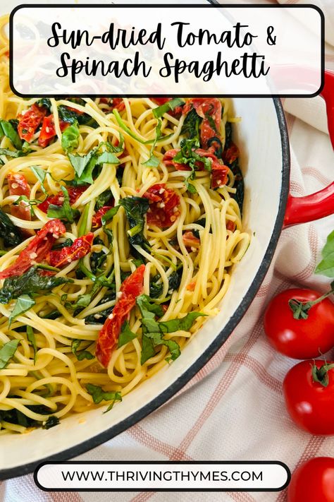 This Sun-dried Tomato & Spinach Spaghetti is made with fresh ingredients, cooked in a decadent cream sauce and served over spaghetti. It is the perfect weeknight meal. Spaghetti Spinach, Spinach Spaghetti, Pan Fried Shrimp, Spaghetti With Spinach, Pasta Fresh, Turkey Pasta, Tomato Spinach, Breakfast Soup, Whole Wheat Spaghetti