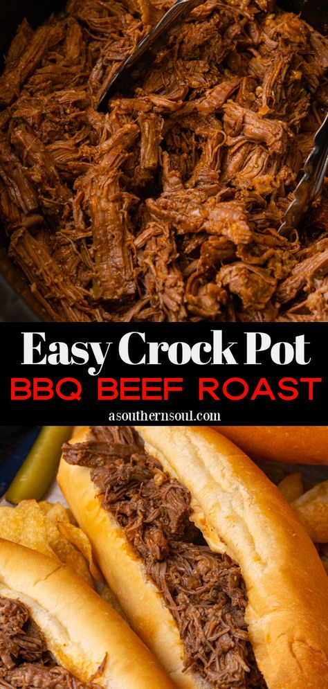 Easy Crock Pot BBQ Beef Roast Bbq Beef Roast Crock Pot, Bbq Roast Crockpot, Beef Bbq Crockpot, Bbq Beef Roast, Bbq Beef Crockpot, Beef Roast Crockpot Recipes, Bbq Pot Roast, Crockpot Bbq Beef, Crock Pot Bbq Beef