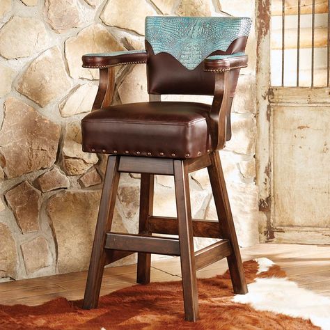 Western Bar Stools & Pub Tables at Lone Star Western Decor Rustic Bar Stools With Back, Western Bar Stools, Sitting Ideas, Brown Leather Bar Stools, Western Bar, Rustic Bar Stools, Diy Deck Furniture, Cowboy Decor, Island Chairs