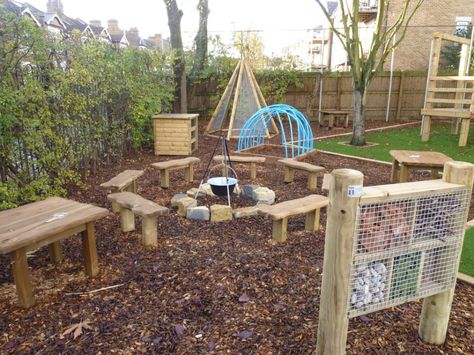 Forest School Outdoor Classroom • The Hideout House Company Forest School Play Area, Forest School Outdoor Area, Forest School Area Ideas, Outdoor Classroom Ideas, School Outdoor Classroom, School Outdoor Area, Natural Play Spaces, Outdoor Kids Play Area, Preschool Garden