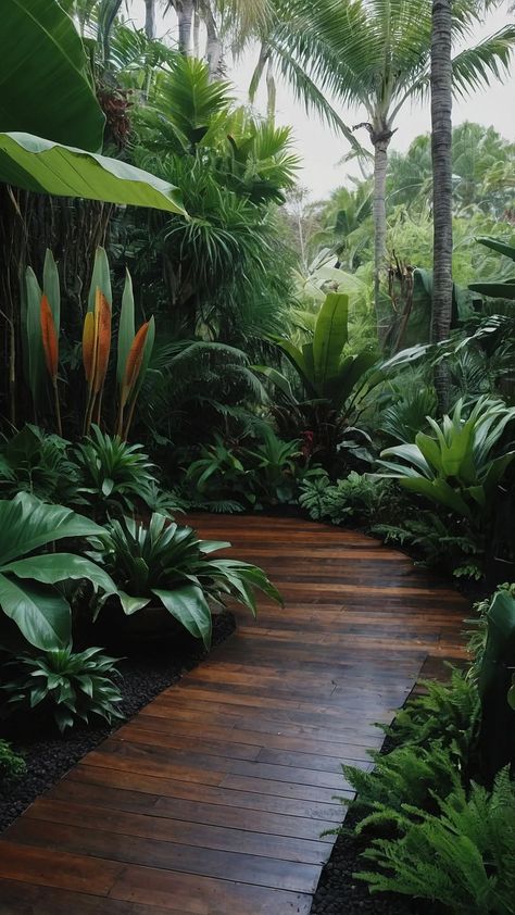 Easy DIY Frontyard Tropical Garden Ideas for UK Homeowners - Fads Backyard Tropical Garden, Tropical Queensland Garden, Front Yard Oasis Ideas, Tropical Garden With Pool, Tropical Indoor Garden, Queensland Garden Ideas, Landscape Projects Architecture, Tropical Atrium, Small Landscaping Ideas