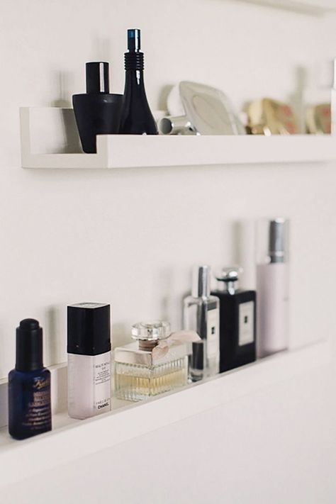 8 Space-Saving IKEA Hacks That’ll Make Your Bathroom Look 10x Bigger: MOSSLANDA Picture Ledge Picture Ledge Hack, Ikea Shelf Hack, Closet Ikea, Ikea Pictures, Hack Ikea, Ikea Bedroom, Ikea Shelves, Decor Ikea, Picture Ledge