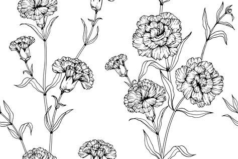 Hand Drawn Carnation Flower Seamless Pattern Carnation Drawing, Flower Line Drawings, Drawn Flowers, Floral Tattoo Design, Illustration Botanique, Leaf Drawing, Carnation Flower, Roses Drawing, Line Drawings