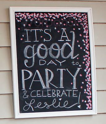 chalk board sign lettering, confetti, pink and white bachelorette party Country Graduation Party, Superhero Birthday Party Favors, Chalkboard Party, Reunion Invitation, Jubilee Party, White Bachelorette, Sign Lettering, Reunion Invitations, Wedding Chalkboard Signs