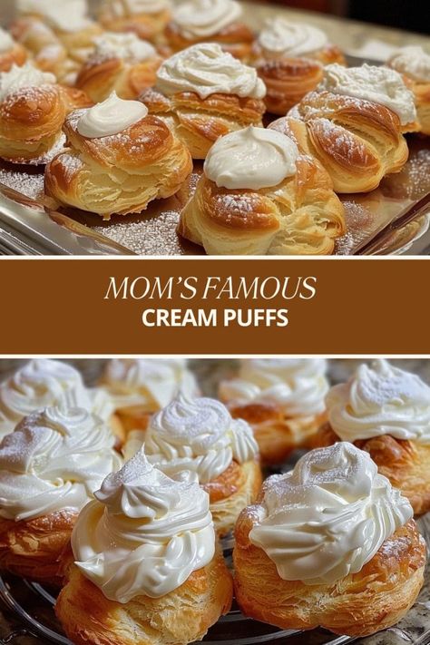 MOM’S FAMOUS CREAM PUFFS Famous Cream Puffs, Moms Famous Cream Puffs, Marshmallow Crescent Puffs, Puff Recipes, Baked Potato Chicken Casserole, Cream Puffs Recipe Easy, Cream Puff Dessert, Cream Puff Filling, Creme Puff