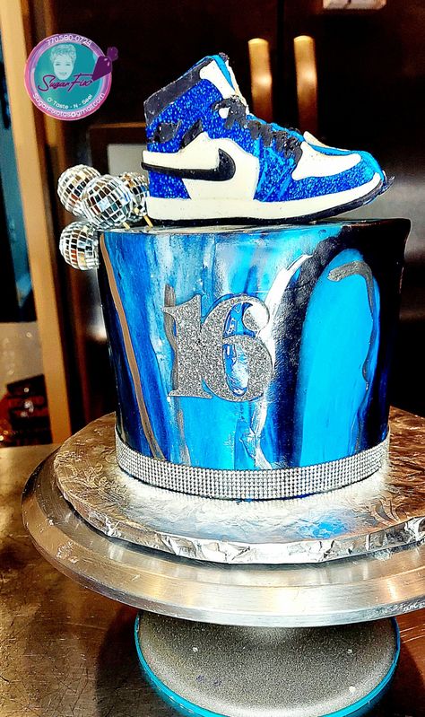 Blue White And Silver Birthday Cakes, Sweet 16 Cakes Blue And Silver, Shades Of Blue Birthday Cake, 13 Shades Of Blue Party, Boys Sweet 16 Party Ideas Decoration, Boys 16th Birthday Cake, Sneaker Balls, Marble Fondant, Sweet 16 For Boys