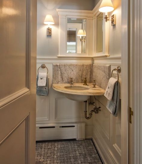 A half bath saves trips upstairs and they're perfect for guests. They don't have to be as functional as the family bathrooms, so hope you enjoy these ideas Half Bathroom Design Ideas, Small Half Baths, Half Bathroom Design, Traditional Powder Room, Neoclassical Home, Small Half Bathroom, Small Half Bath, Corner Bathroom Vanity, Corner Sink Bathroom