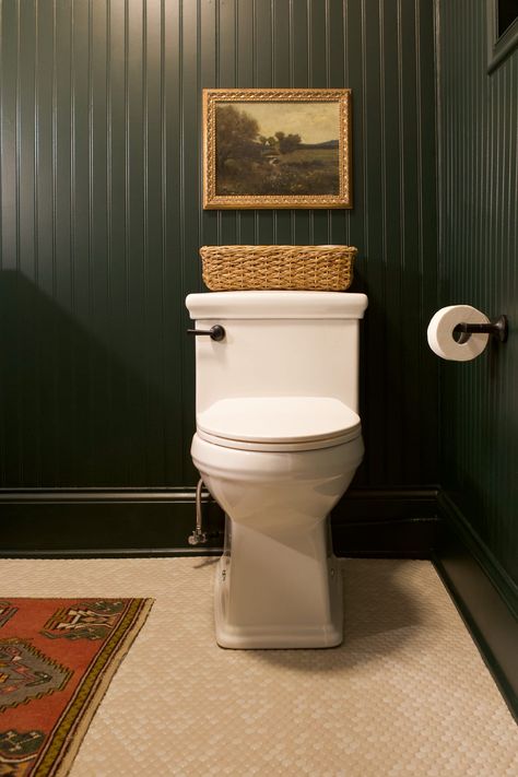 Need some water closet decor ideas? I'm helping a reader design her plain toilet area into something bold and beautiful. Dark Green Beadboard, Green And Cream Bathroom, Water Closet Decor, Moody Basement, Green Beadboard, Dark Green Bathroom, Caulking Tips, Windowless Bathroom, Bathroom Dark