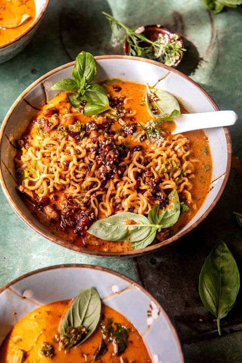 30 Minute Crispy Thai Peanut Chicken Ramen | halfbakedharvest.com Ramen Recipes With Chicken, Ramen Soup Recipes Easy, Thai Peanut Chicken Ramen, Peanut Chicken Ramen, Thai Food Recipes, Healthy Ramen, Weeknight Dinner Recipes, Half Baked Harvest Recipes, Honey Mustard Salmon