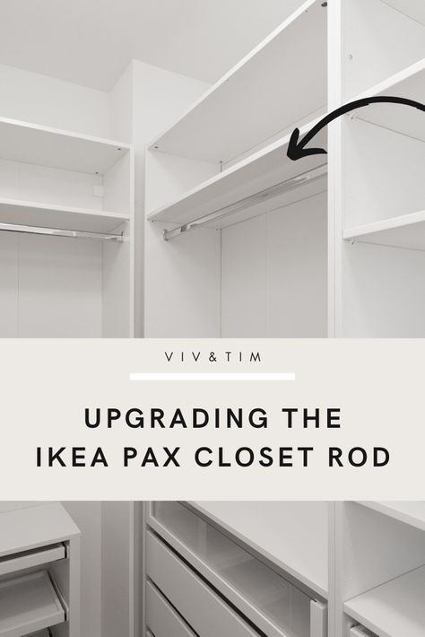 An easy, inexpensive upgrade to the Ikea PAX closet rod for a higher end look! Chrome oval closet rod solution from Amazon that works for any closet, not just the PAX. White walk-in wardrobe, narrow closet solutions, closet clothing rod ideas. #ikeapax #closetideas #closetrod Long Narrow Closet Ideas, Ikea Wardrobes, Ikea Closet Hack, Narrow Closet, Ikea Pax Hack, Ikea Pax Closet, Pax Closet, Closet Solutions, Closet Diy