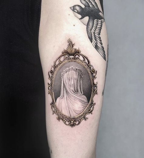 Classic Paintings Tattoo, Period Piece Tattoo, Small Victorian Tattoo, Framed Painting Tattoo, Victorian Picture Frame Tattoo, Victorian Era Tattoo, Vintage Portrait Tattoo, Victorian Aesthetic Tattoo, Cameo Tattoo Vintage