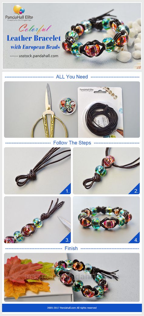 PandaHall Elite Craft Ideas: How to make colorful leather bracelet with leather cord and european beads #pandahallelite #craft #handmadebracelet #leather #bracelet #europeanbeads European Beads Ideas, Chinese Knotting Cord, Bracelet Beading, Leather Cord Bracelets, Beading Thread, Beaded Jewlery, Large Hole Beads, Jewelry Making Tutorials, Bead Stringing