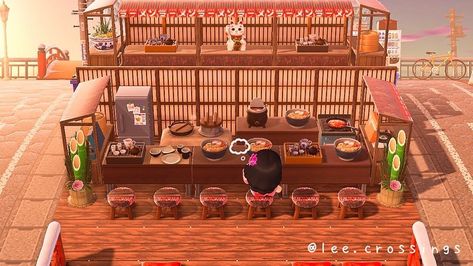 Acnh Ramen Design, Acnh Outside Restaurant, Ramen Restaurant Acnh, Ramen Stand Acnh, Ramen Stand Animal Crossing, Acnh Noodle Shop, Acnh Restaurant Outdoor, Acnh Japanese Restaurant Outdoor, Pizza Shop Animal Crossing