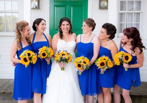 Blue Wedding - Royal Blue Bridesmaid Dresses and Yellow Sunflower Bouquets - ColorsBridesmaid Stanbrook Abbey, Sunflower Bridal Bouquet, Royal Blue Bridesmaids, Royal Blue Cocktail Dress, Bridesmaids Ideas, Yellow Wedding Dress, Abbey Wedding, Royal Blue Bridesmaid Dresses, White Bridal Gown