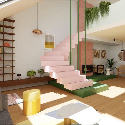 Open Space Interior Design, Colorful Home Interior, Art Studio Design, Interior Stairs, Studio Interior, January 19, Staircase Design, Home Room Design, Dream House Decor