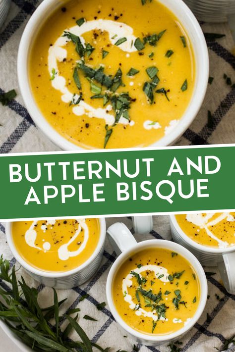 Butternut squash is simply terrific in soups. In this recipe, apples and apple cider partner with buttery squash to create a smooth, creamy bisque. The base of the soup can be made a day ahead of serving or frozen. To keep it simple, a sprinkling of fresh tarragon finishes the bisque nicely. If you have more time, chopped hazelnuts, tiny toasted croutons, or fried sage leaves would work well as garnishes. Butternut Squash Apple Cider Soup, French Butternut Squash Soup, Butternut Squash Apple Bisque, Squash Apple Soup, Butternut Squash Sage, Toast Toppers, Fried Sage, Butternut Squash Apple, Truffle Cream