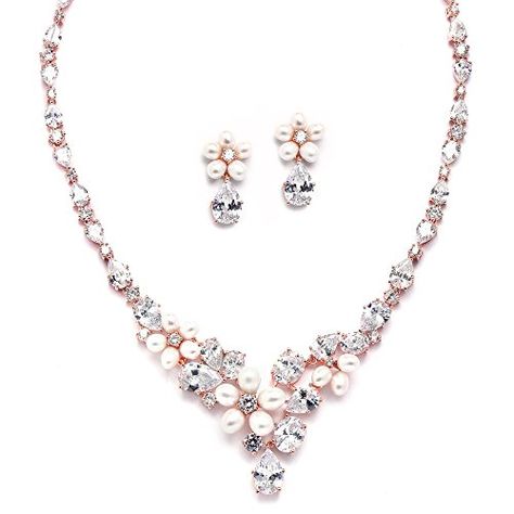 Cultured Freshwater Pearls and CZ Rose Gold Plated Wedding Necklace and Earrings Set for Brides * Be sure to check out this awesome product. (This is an affiliate link) #bridalnecklace Pear Shaped Diamond Necklace, Statement Wedding Jewelry, Rose Gold Earrings Wedding, Bridesmaid Jewelry Sets, Gold Diamond Necklace, Necklace And Earrings Set, Teardrop Necklace, Rose Gold Jewelry, Freshwater Cultured Pearls