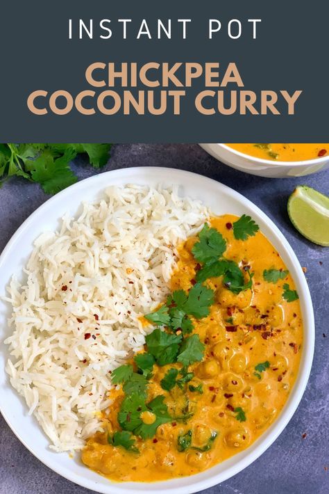 This Vegan Chickpea Coconut Curry is super flavorful ,hearty ,healthy and easy to make in instant pot pressure cooker or stove top just under 30 minutes for busy weeknights. Coconut Curry Instant Pot, Garbanzo Recipes, Coconut Chickpea Curry, White Basmati Rice, Potato Cups, Coconut Curry Recipe, Coconut Chickpea, Chickpeas Curry, Coconut Curry Recipes