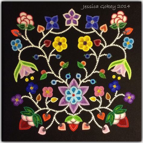 This is the latest piece, measure 16 in by 16 in beaded Ojibwe floral on black broadcloth. It is currently being framed and museum glass put over it. Will be for sale. Please only serious inquires. Thanks everyone!!!! Enjoy the "seasons of flowers". I will repost pics once framed. By Jessica Gokey 2014 can find me on fb. Iroquois Designs, Ojibway Floral, Metis Clothing, Ojibwa Beadwork, Métis Beadwork, Metis Beading, Metis Beadwork, Floral Beadwork, Indian Beadwork