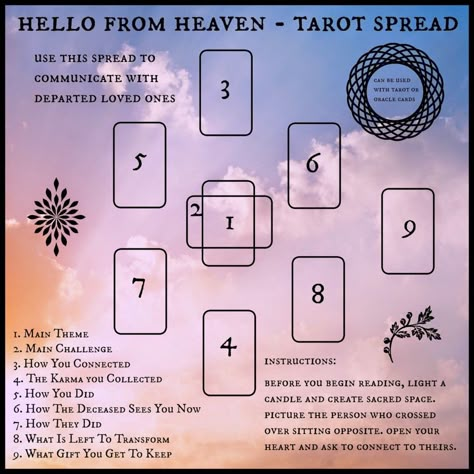 Did you know you can use the Tarot to communicate with departed loved ones, spirit guides and your very own guardian angel? This particular spread is to be used for someone you were close to and who passed away quite recently (recently enough for it to still play on your mind!). It can be used with either Tarot or Oracle cards. If you do use oracle cards, make sure they are not just sweet and light Angel cards but have a few more variations and moods included. You can also mix and match. I li... Oracle Spreads, Kartu Tarot, Oracle Card Spreads, Tarot Reading Spreads, Tarot Significado, Tarot Cards For Beginners, Learning Tarot Cards, Tarot And Oracle Cards, Light Angel